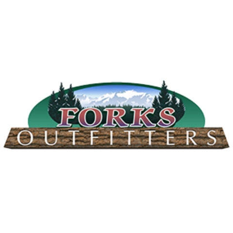 Mountain scene with words Forks Outfitters
