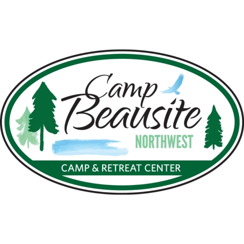 Green oval containing clip art of pine trees and words Camp Beausite Northwest