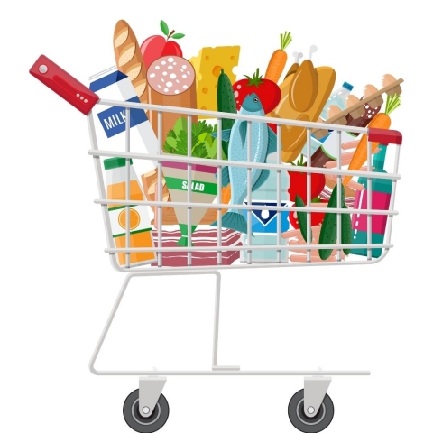 Grocery cart filled with groceries
