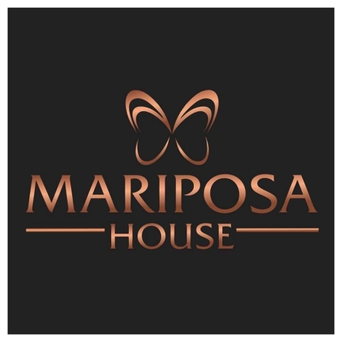 black background with mariposa house in copper letters